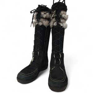SAUTE-MOUTON Black Suede Wool-Lined Wapiti Boots real fur trim size 36 (us 6)